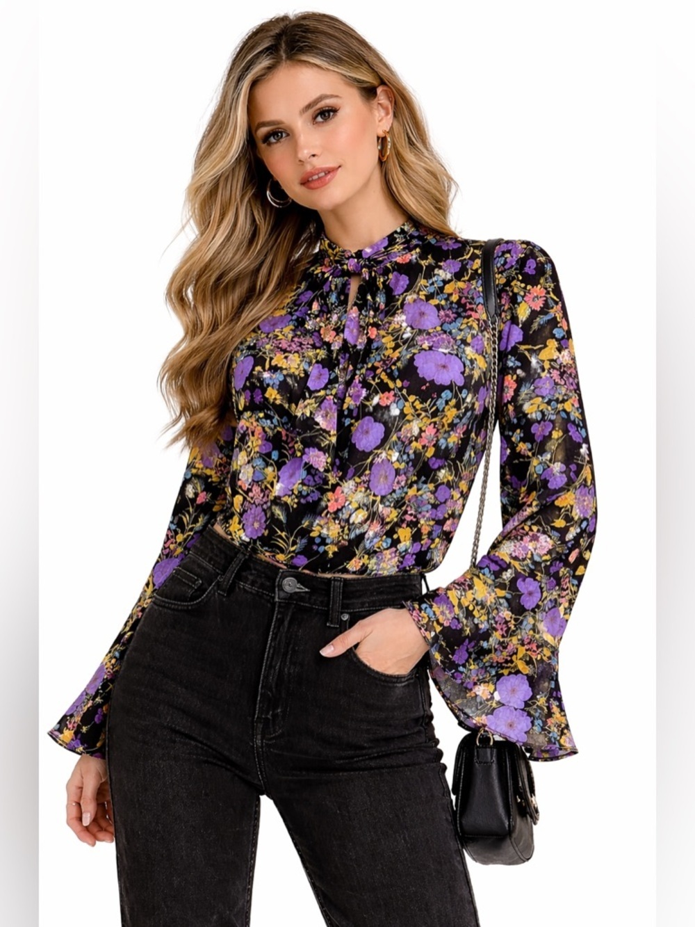 Les Reveries Silk Tie Bow Floral Blouse Romantic Cottagecore Top Medium